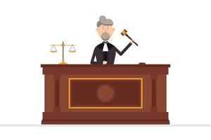 Judge character in courtroom with gavel in left hand  vector