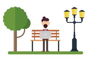 Man character working on the park bench vector