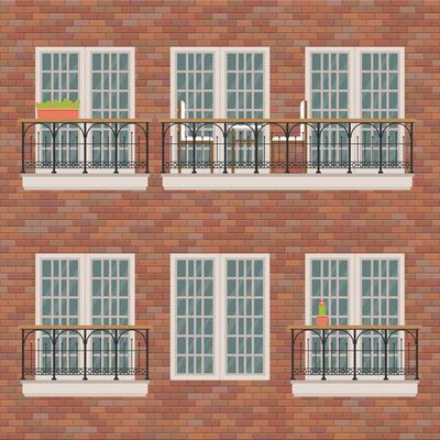 Balconies set on brick wall 