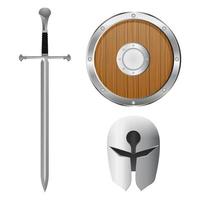 conjunto de espada, casco y escudo vector