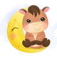 Adorable little donkey sitting on the moon vector
