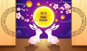 Happy Chuseok design with two rabbits and glowing sky vector