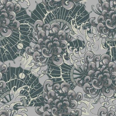 Japanese seamless pattern with chrysanthemums and fans