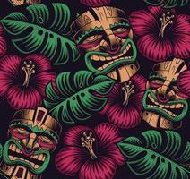 Seamless color pattern with tiki masks and leaves vector