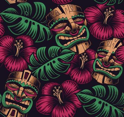 Seamless color pattern with tiki masks and leaves