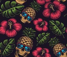 Seamless pattern with skull pattern, flowers and leaves vector