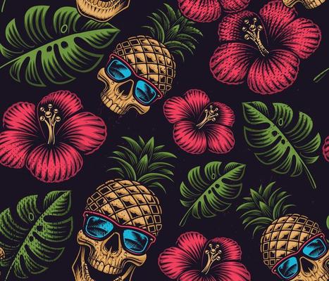 Seamless pattern with skull pattern, flowers and leaves