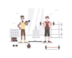 hombres con mascarillas en el gimnasio y practicando la distancia social. vector