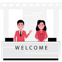 Hospitality Business Receptionist Welcoming Guests at Counter vector