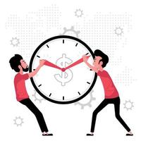 Time Management Concept with Two Men Pulling at Clock Hands vector