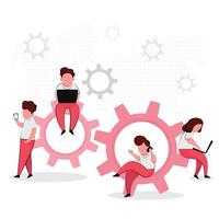 Working Activity People Sitting on Cogwheels Using Laptops vector