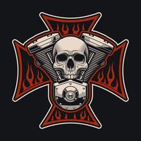 Biker's cross and skull with a motorcycle engine vector