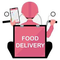 Food delivery man with scooter holding a phone vector