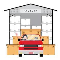 Red vehicle in front of factory with boxes vector