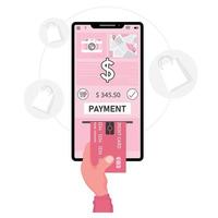 Hand inserting credit card into phone screen vector