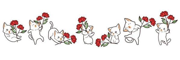 7 gatos kawaii diferentes con flores vector