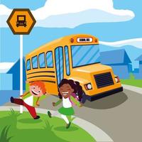 Happy students and a school bus vector