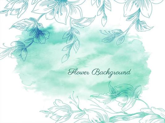 Hand drawn green flowers and watercolor splash