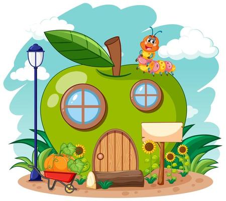 Green apple house and cute worm 