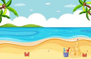 Beach scene with sand castle and little crab vector