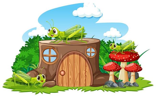 Stump house with grasshopper 