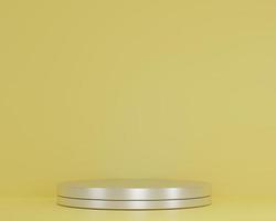 Escena de representación 3D con podio de cilindro de plata vacío de composición para presentación de producto cosmético resumen de antecedentes. maqueta de forma geométrica en colores pastel amarillos. espacio vacío de diseño minimalista foto
