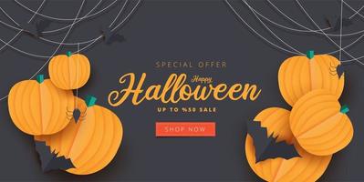 Paper art Halloween pumpkin, bat and spider sale banner