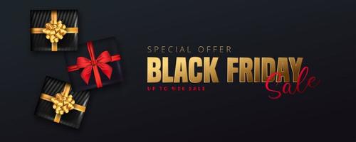 Banner de venta de viernes negro con cajas de regalo negras sobre negro vector