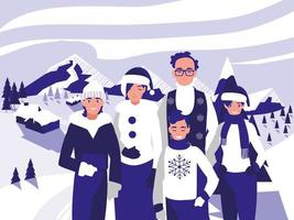 grupo de familia con ropa de navidad en paisaje invernal vector