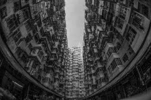 Grayscale fish eye of high rise buildings
