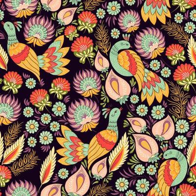 Seamless ornamental pattern with birds in Ukrainian style