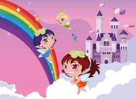 Fairies with castle fairytale in the sky with clouds vector