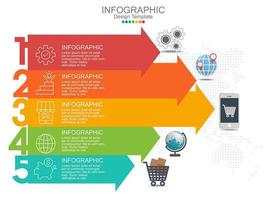 Plantilla de diseño infográfico de 5 pasos con flechas e iconos vector