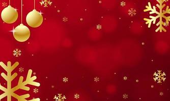 Golden Christmas ornaments and snowflakes on red bokeh vector