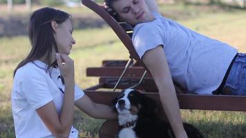 meisje met een puppy zittend op een ligstoel in de buurt van de mens video