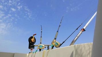 vissen in een boot met stempels en stempels die op tonijn vissen video