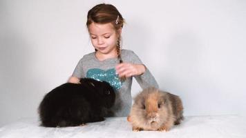 menina brinca e abraça com coelho