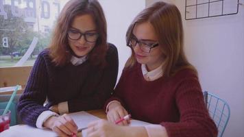 kvinnliga högskolestudenter studerar i caféet två flickvänner som lär sig tillsammans