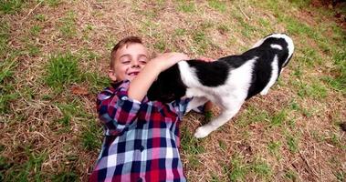 Smiling lying boy holding his dogs head whole stroking it video