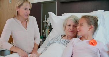 visite de famille à grand-mère dans son lit d'hôpital