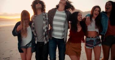 hipster vrienden omarmen vreugdevol bij zonsondergang aan zee video