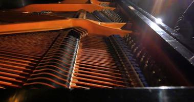 martelos em cordas, piano de cauda close-up, tomada de dolly, iluminação cinematográfica video