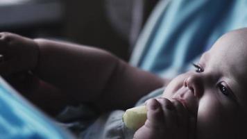 bedårande söt baby sitter vid barn bord äta päron. friska. matning video