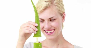 Attractive woman snapping aloe vera leaf