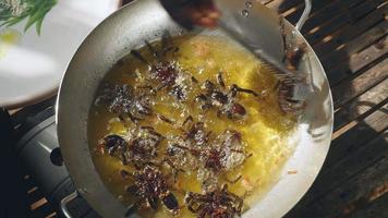 Gebratene Vogelspinnen im Wok mit einem Spatel kochen video