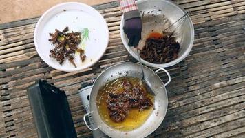 Femme en remuant les sauterelles à l'intérieur d'un wok video