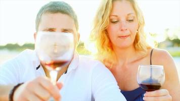 um casal bebendo vinho na praia ao pôr do sol video