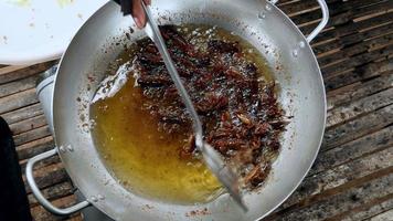 vrouw frituren sprinkhanen in een wok met behulp van een spatel