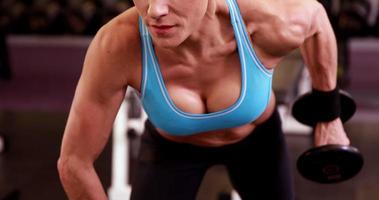 Colocar mujer levantando pesas en la sesión de gimnasio