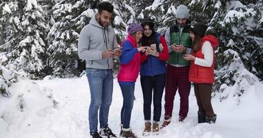 Group Of People Winter Snow Forest Walk Smiling Friends Using Smart Phone Texting Internet In Snowy Park video